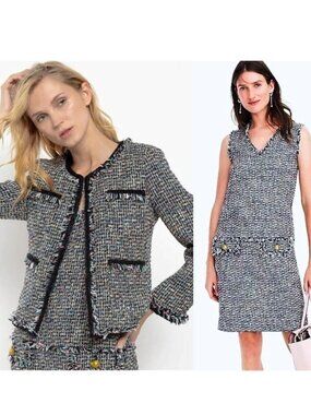 J. Crew Multicolor Tweed Dress and Jacket Set - Black, White, Blue